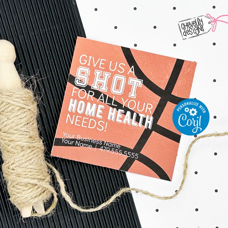 Może przedstawiać: Pomarańczowa i czarna wizyt&oacute;wka w stylu koszyk&oacute;wki z tekstem "Give us a shot for all your home health needs!" i polem do personalizacji z nazwą firmy i numerem telefonu.