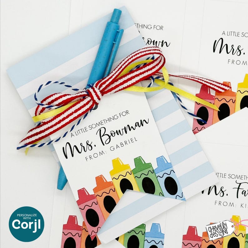 May include: A collection of gift tags and cards with a crayon theme. The tags read "A Little Something For Mrs. Bowman" and "A Little Something For Mrs. Farr". A blue pen and a red, white, and yellow ribbon are included.