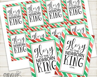 Printable Christmas Gift Tags - Glory to the Newborn King with Holiday Frame >>>Instant Digital Download<<< HTX022a