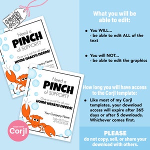 May include: A printable business card template featuring a cartoon lobster with bubbles. The text on the card reads "Need a Pinch of Support? Give us a call for all your Home Health Needs!" and includes space for a company name and phone number. The card is designed for home health care businesses.