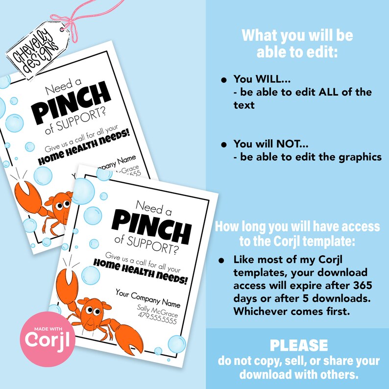 May include: A printable business card template featuring a cartoon lobster with bubbles. The text on the card reads "Need a Pinch of Support? Give us a call for all your Home Health Needs!" and includes space for a company name and phone number. The card is designed for home health care businesses.