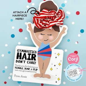 EDITABLE - Printable Gymnastics Scrunchie Party Favor - Gymnastic Hair Don&#39;t Care - Dark Skin - Digital File - MISC010a