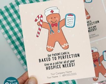 Editable Christmas Referral Gift Tag: Gingerbread Man Nurse, Holiday Hospice Marketing Label (Digital File HTX076a)