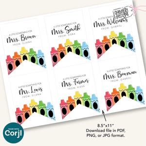 May include: White printable gift tags with crayon illustrations. Each tag reads "A Little Something For" followed by a name, and "From" with a name. The tags are 8.5" x 11" and available for download in PDF, PNG, or JPG format.