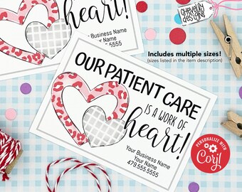 May include: A white card with a pink and red leopard print heart design. The text on the card reads "Our Patient Care is a work of heart!" with space for a business name and phone number. The card is personalized with the text "Personalize with Coryl".