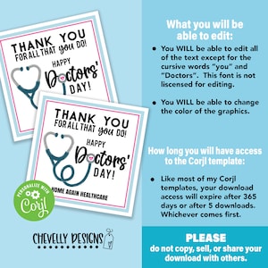May include: Two printable thank you cards for doctors. The cards are pink, blue, and white with a stethoscope graphic. The text on the cards reads "Thank you for all that you do! Happy Doctors' Day!" and "Home Again Healthcare".