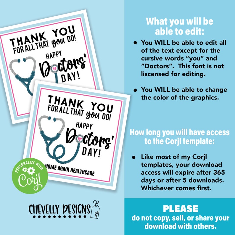 May include: Two printable thank you cards for doctors. The cards are pink, blue, and white with a stethoscope graphic. The text on the cards reads "Thank you for all that you do! Happy Doctors' Day!" and "Home Again Healthcare".