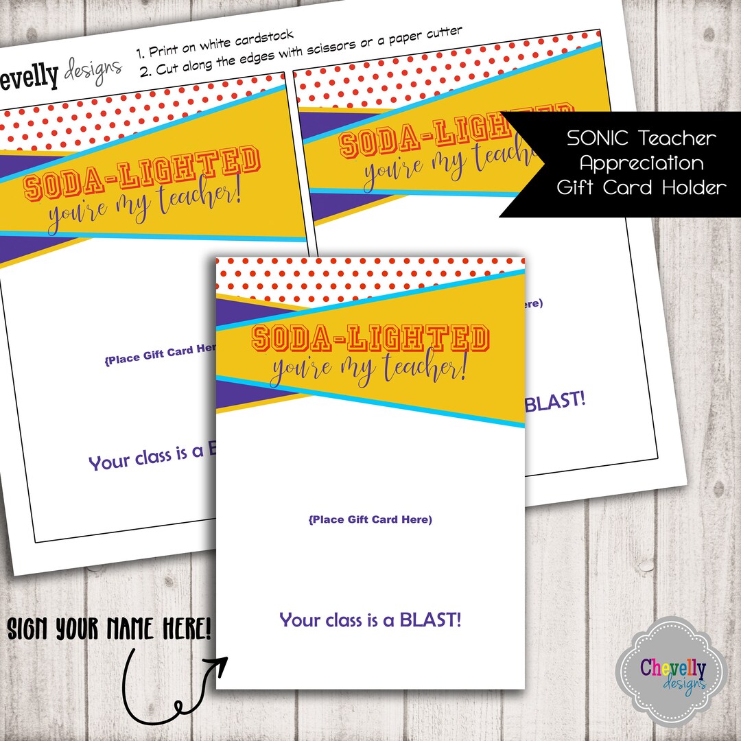 INSTANT DOWNLOAD SONIC Gift Card Printable Gift Idea, Teacher, School ...