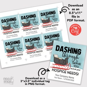 May include: A set of eight printable gift tags featuring a black and white illustration of a sleigh with a baby in it. The tags are on a light blue background with the text "Dashing through to serve you and all your hospice needs!" in black. The tags are 7.6 cm by 8.9 cm and can be downloaded as a PNG file. The tags are also available as an 21.6 cm by 27.9 cm PDF file.