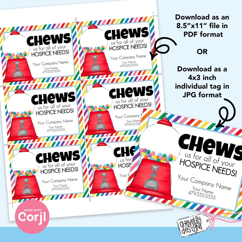 Puede incluir: Etiquetas imprimibles con un dise&ntilde;o de m&aacute;quina de chicles roja y el texto "CHEWS us for all of your HOSPICE NEEDS!" y la informaci&oacute;n de contacto. Las etiquetas tienen un borde a rayas de arco&iacute;ris. Disponibles en formatos PDF y JPG.