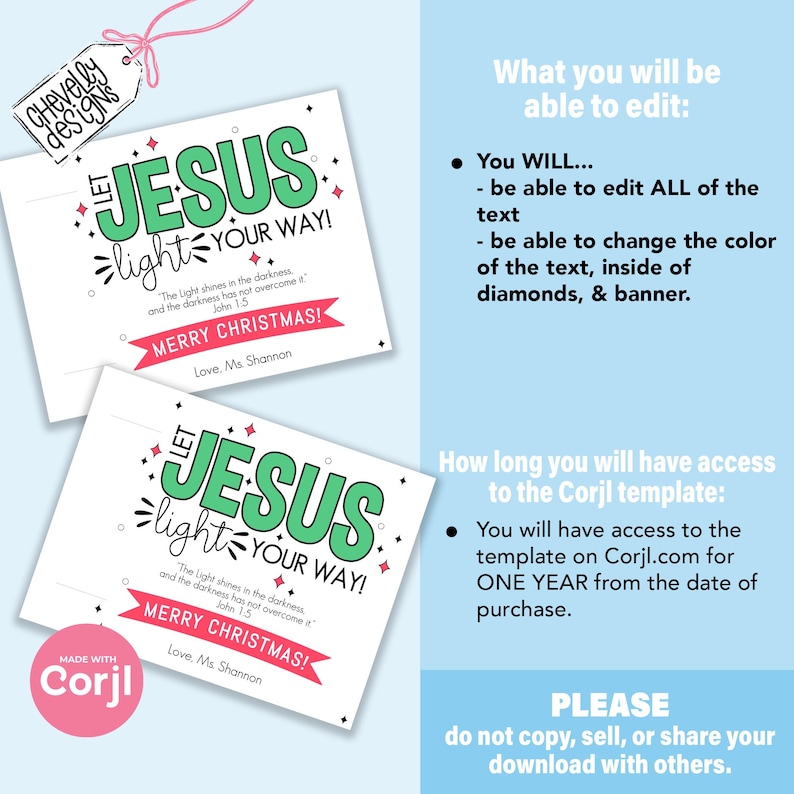 May include: Two printable Christmas card designs featuring a green and white "Let Jesus Light Your Way!" message with a pink "Merry Christmas!" banner. The cards include a Bible verse from John 1:5.