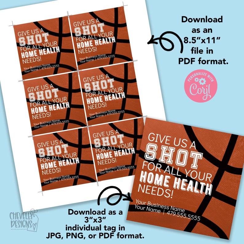 Może przedstawiać: Zestaw sześciu etykiet do druku o wymiarach 7,62 x 7,62 cm z wzorem koszyk&oacute;wki i tekstem "Give us a shot for all your home health needs!" oraz miejscem na nazwę firmy i numer telefonu. Etykiety można pobrać jako plik PDF do wydruku lub jako pojedyncze pliki JPG, PNG lub PDF.