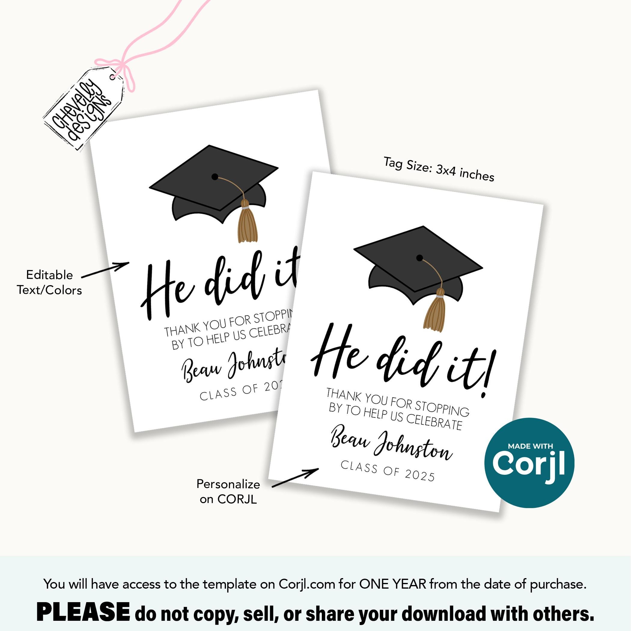 Editable Graduation Party Favor Gift Tags, He Did It!, Grad Cap Design ...