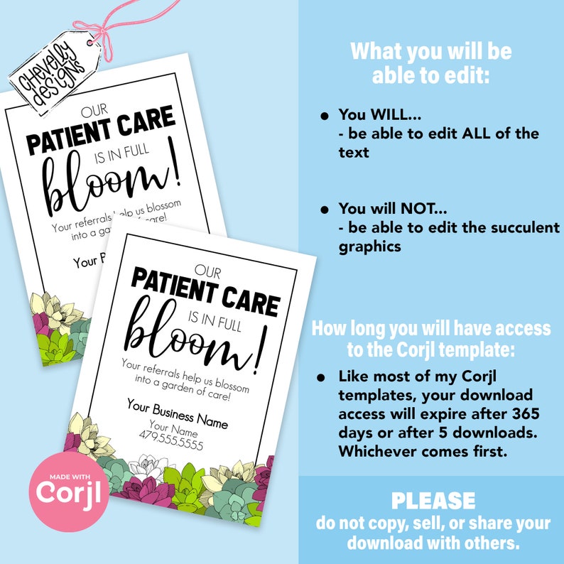 May include: A printable patient care referral card featuring a succulent floral design. The text reads "Our Patient Care is in Full Bloom! Your referrals help us blossom into a garden of care!" with space to add your business name and phone number.