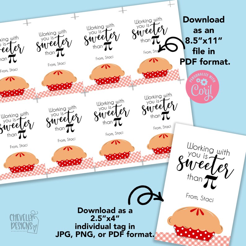 May include: Printable gift tags with a pie graphic and the text "Working with you is sweeter than &pi;" in black script. The tags are on a red and white checkered background. The tags are available in JPG, PNG, or PDF format.