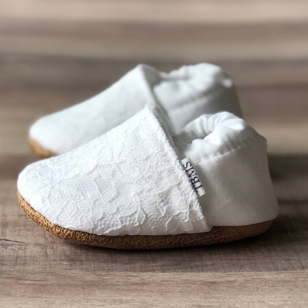 BUY 2, GET 1 FREE: Lacey White Baby Moccasins - White Baby Shoes - Baptism Slippers - Baby Blessing Booties - Baby Girl Shower Gift