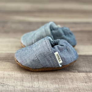BUY 2, GET 1 FREE: Trendy Baby Moccasins - Blue Linen Angled baby shoes, blue baby moccasins, crib shoes, baby booties blue