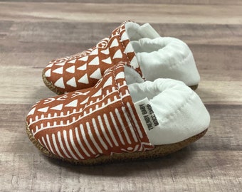 BUY 2, GET 1 FREE: Trendy Baby Moccasins - Burnt Orange Aztec, handmade baby shoes, personalized baby moccasins, baby shower gift