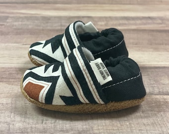 BUY 2, GET 1 FREE: Trendy Baby Moccasins - Orange & Black Aztec, southwest baby booties, Aztec baby shoes, tribal baby soft sole shoes