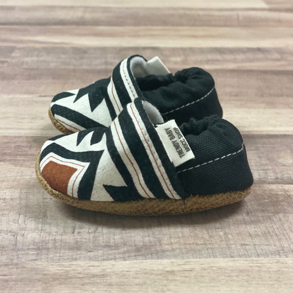 BUY 2, GET 1 FREE: Trendy Baby Moccasins - Orange & Black Aztec, southwest baby booties, Aztec baby shoes, tribal baby soft sole shoes