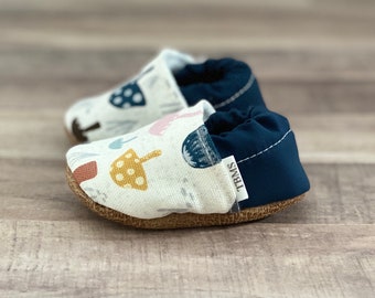 BUY 2, GET 1 FREE: Trendy Baby Moccasins - Navy Mushrooms, mushroom baby shoes, mushroom baby booties, toddler shoes, crib shoes, baby moccs