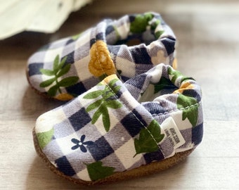 Navy plaid floral baby shoes, floral baby moccasins, flower baby booties, soft sole baby shoes, handmade crib shoes