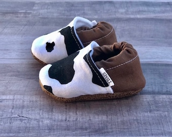 BUY 2, GET 1 FREE: Cow Print Baby Moccasins - Cow Slippers - Cow Print Booties - Western Baby Nursery - Cowboy Baby Shower Gift