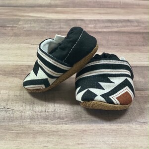 BUY 2, GET 1 FREE: Trendy Baby Moccasins Orange & Black Aztec, southwest baby booties, Aztec baby shoes, tribal baby soft sole shoes image 3