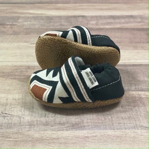 BUY 2, GET 1 FREE: Trendy Baby Moccasins Orange & Black Aztec, southwest baby booties, Aztec baby shoes, tribal baby soft sole shoes image 2
