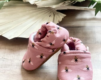 BUY 2, GET 1 FREE: bee baby shoes, bee baby moccasins, pink baby shoes, pink baby booties, Trendy Baby Moccasins, girl’s first birthday