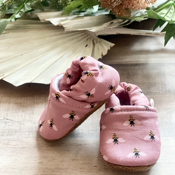 BUY 2, GET 1 FREE: bee baby shoes, bee baby moccasins, pink baby shoes, pink baby booties, Trendy Baby Moccasins, girl’s first birthday