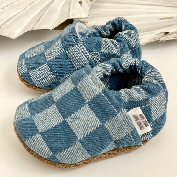 BUY 2, GET 1 FREE: Handmade Baby Moccasins -checkered Print Slippers - Checker Baby Shoes - Checkered Shower Gift - Checked Baby Booties