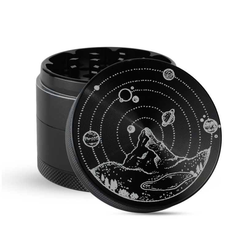 Grinder With Engraved Solar System Design Make It A Combo With A Glass Stash Jar Custom Orders Available