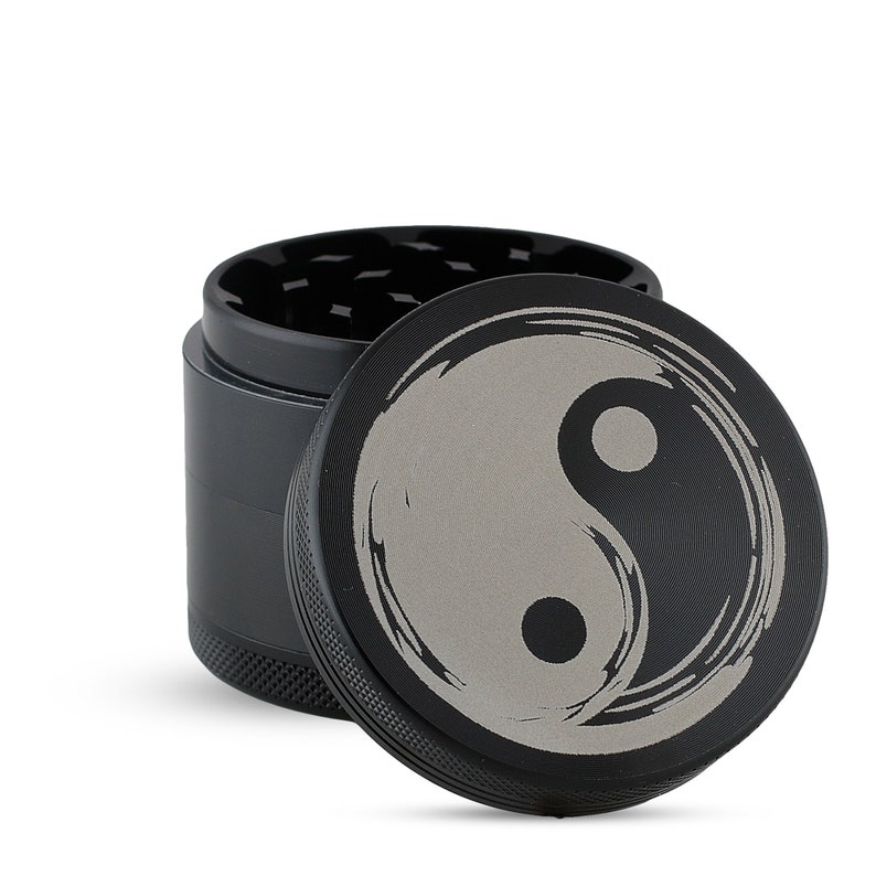 Custom Engraved Grinder with Yin Yang design Magnetic Top Custom Orders available 5 Part Aluminum with Pollen Screen