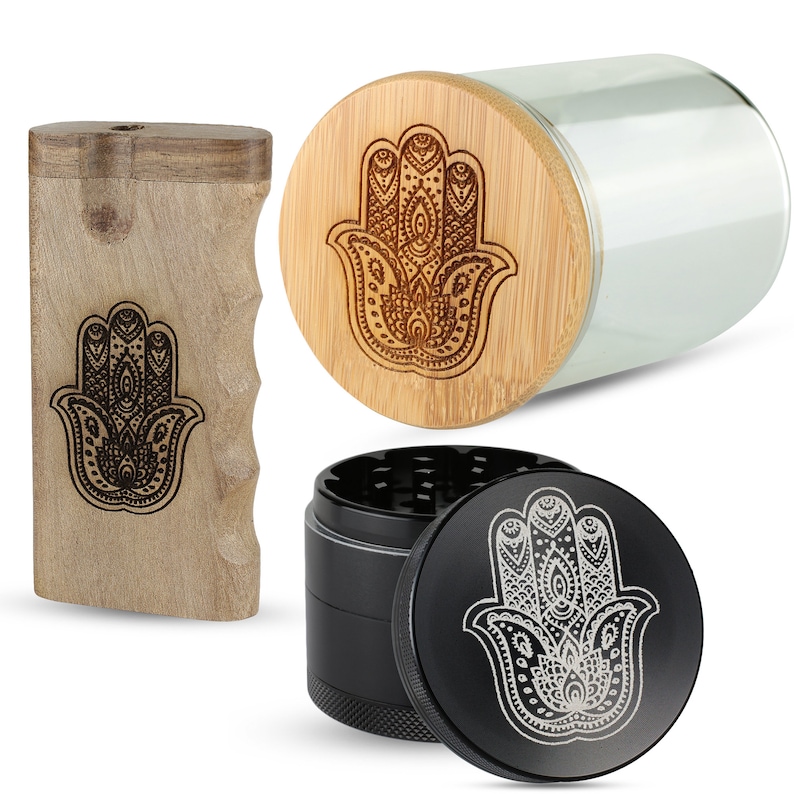 5 Part Aluminum with Pollen Screen Custom Herb Grinder with Engraved Hamsa Hand design Magnetic Top Custom Orders available