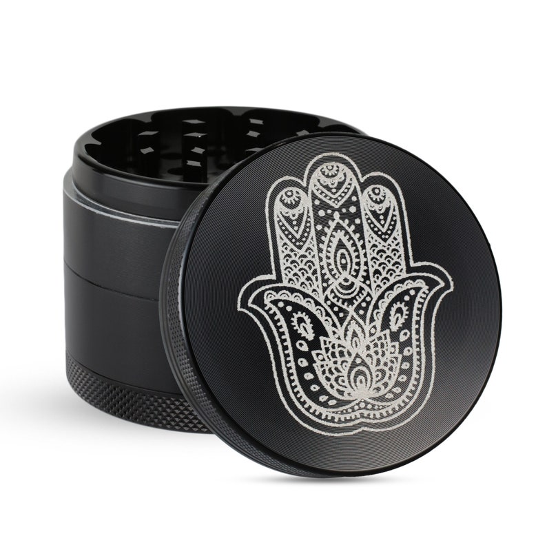 5 Part Aluminum with Pollen Screen Custom Herb Grinder with Engraved Hamsa Hand design Magnetic Top Custom Orders available