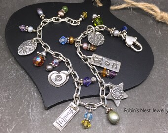 Soulful Inspirations, Mom Bracelet v2, Handmade Fine Silver Charms, Anniversary Bracelet, Holiday Gift, Adjustable Bracelet, Love