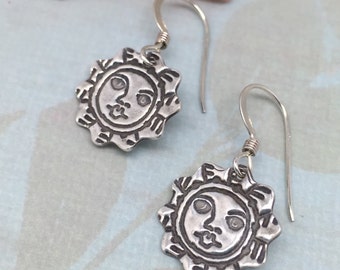 Sun Face Earrings, Handmade Fine Silver Charms, Boho Jewelry, Sterling Silver Dangle Earrings, Celestial Jewelry, Boho Gift