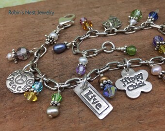 Hippy Chick Bracelet v1, Handmade Fine Silver Charms, Hippy Chic, Boho Bracelet, Adjustable Bracelet, Sterling Silver Charm Bracelet