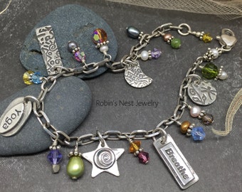 Yoga Charm Bracelet v2, Handmade Fine Silver Charms, Mantra Bracelet, Yoga Bracelet, Sterling Silver Bracelet, Boho, Soulful Inspirations