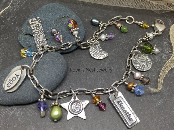 Yoga Charm Bracelet v2, Handmade Fine Silver Charms, Mantra Bracelet, Yoga Bracelet, Sterling Silver Bracelet, Boho, Soulful Inspirations