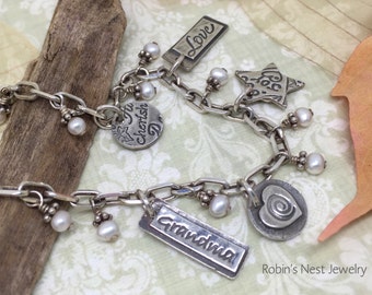 Soulful Inspirations Grandma Charm Bracelet, Handmade Fine Silver Charms v1, Mother Bracelet, Holiday Gift, Adjustable Bracelet