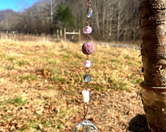 Handmade Crystal Suncatcher | Rose Quartz, Faceted Glass & Copper Wirework | Golden Age Suncatcher | Rainbow Maker