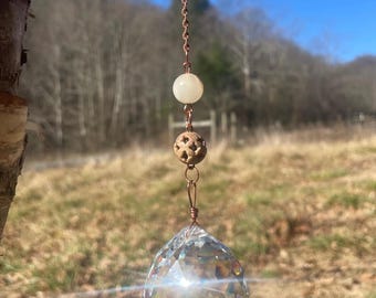 Handmade Coastal Sun Catcher | Seashell, Soapstone, Jade & Ammonite with Copper Wirework | Golden Age Suncatcher | Rainbow Maker