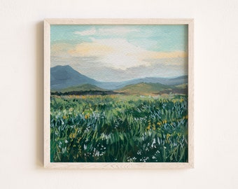 Wildflower Landscape Print, "Meadow Dance", Wildflower Field Painting, Cottagecore Print, Springtime Wall Art, 5x5, 8x8, 10x10, 12x12