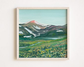 Colorado Mountain Watercolor Print, "Alpenglow Bloom", Mount Sheridan, 8x8, 10x10, 12x12, 14x14, 16x16