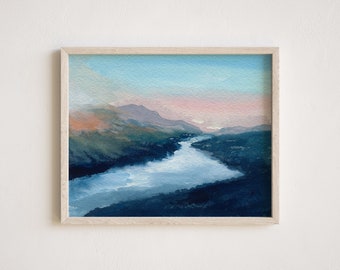 Impression de lac de montagne, « Riverbend », collection d'automne, impression à la gouache d'art