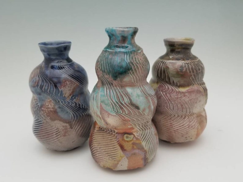 Textured Stoneware Blueberry Drizzle across Toasted Dunes Tokkuri Soda Fired Sake Flask Wheel Thrown 6 tall x 3.5 wide