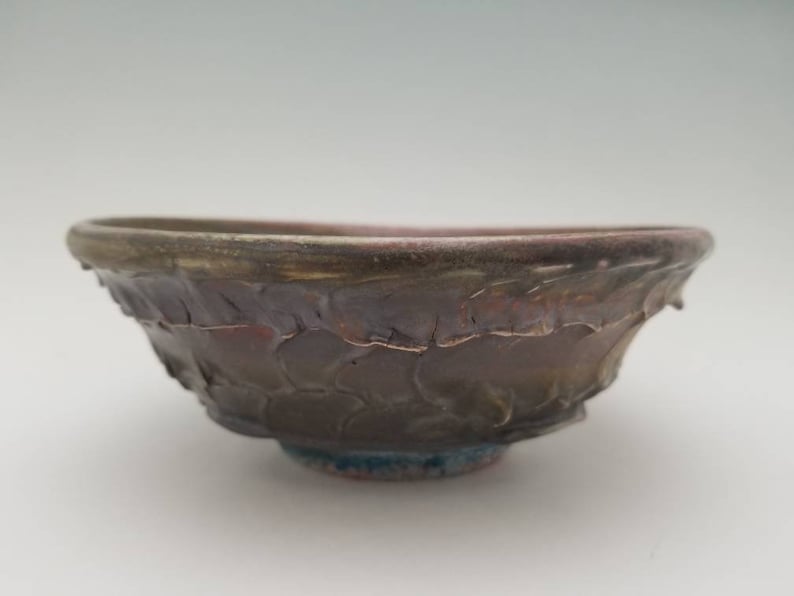Cracked Slip Textured Wheel Thrown Soda Fired Bowl Crimson Dripping through Rustic Iron Crystals Over Cracked Texture,2.75tall 7.25wide