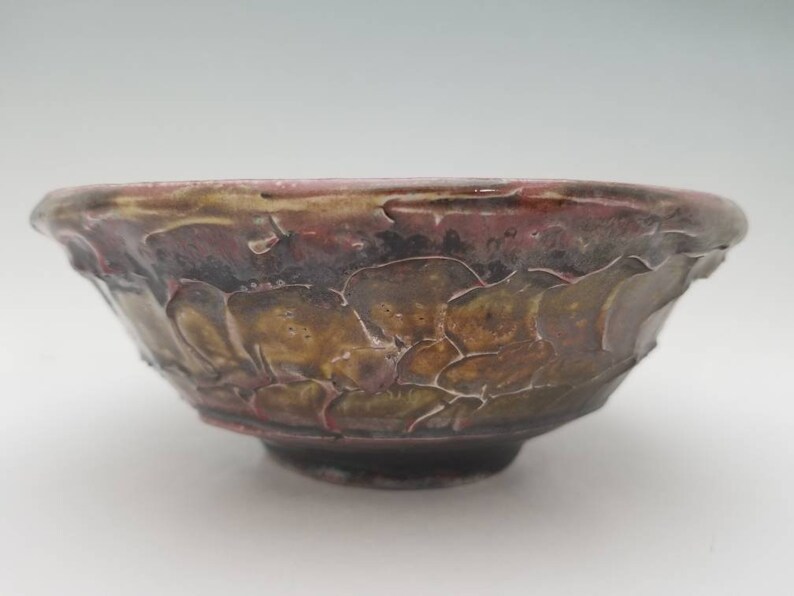 Cracked Slip Textured Wheel Thrown Soda Fired Bowl Crimson Dripping through Rustic Iron Crystals Over Cracked Texture,2.75tall 7.25wide